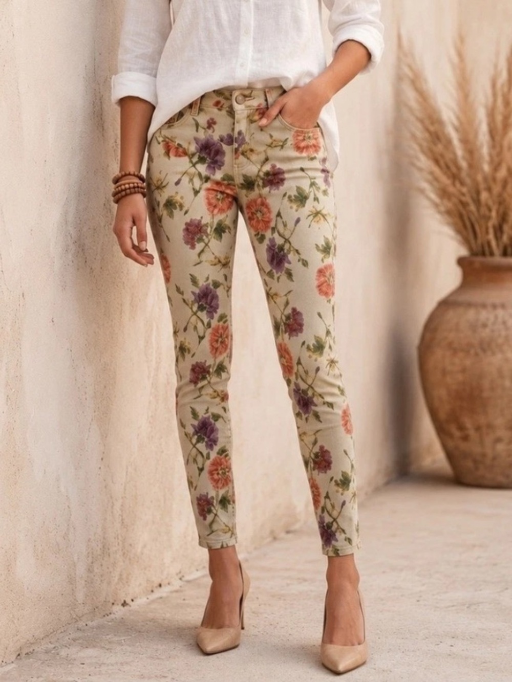 Pilcro Floral Printed Skinny Ankle Pants - Beige with Multicolor Blooms